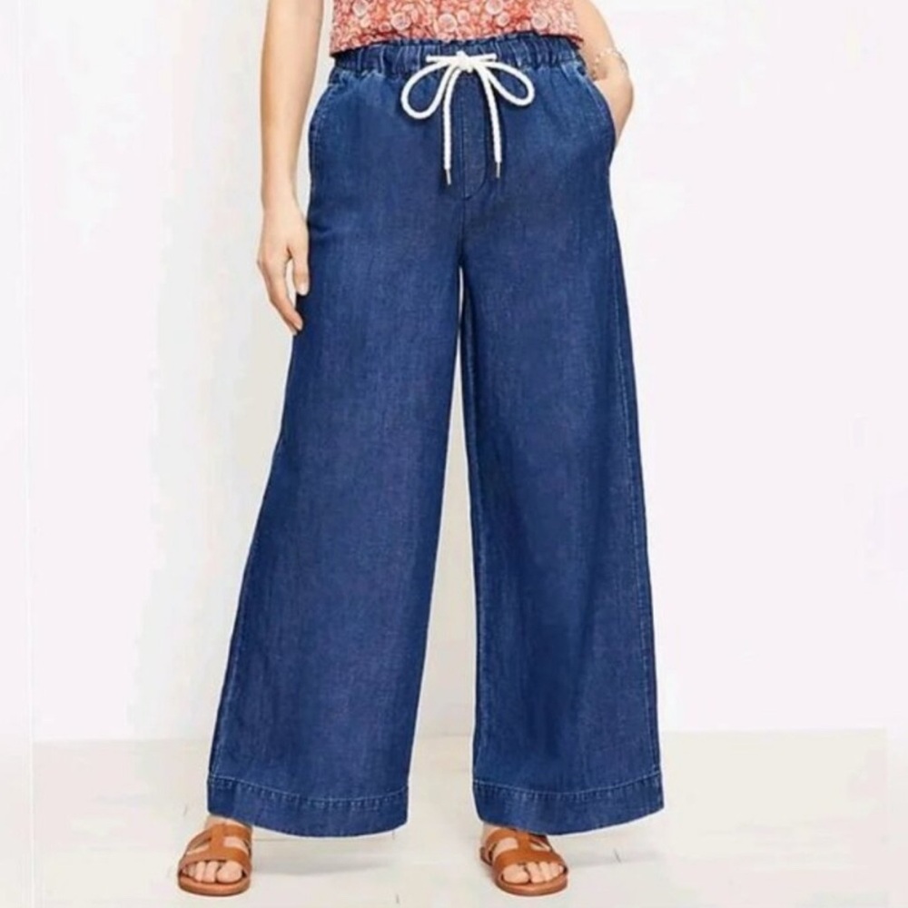 LOFT Wide-Leg Chambray Drawstring Pants in Denim Blue